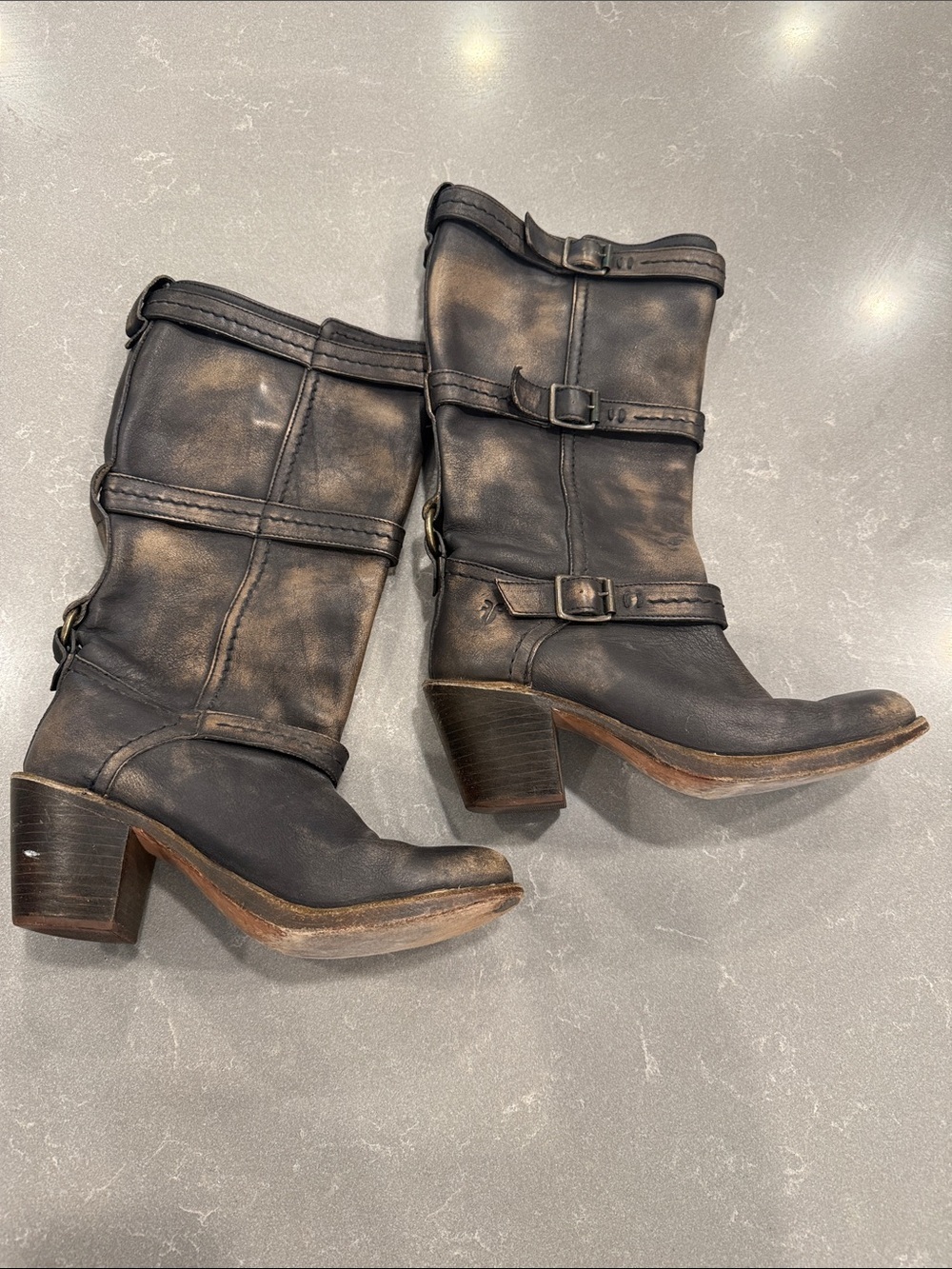 Frye Black/Brown Distressed Mid-Calf Heeled Boots